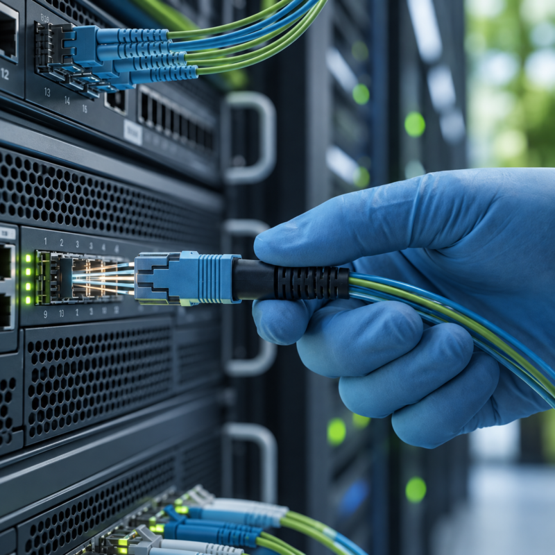 Technicien connectant un câble réseau à un équipement informatique dans une infrastructure hospitalière