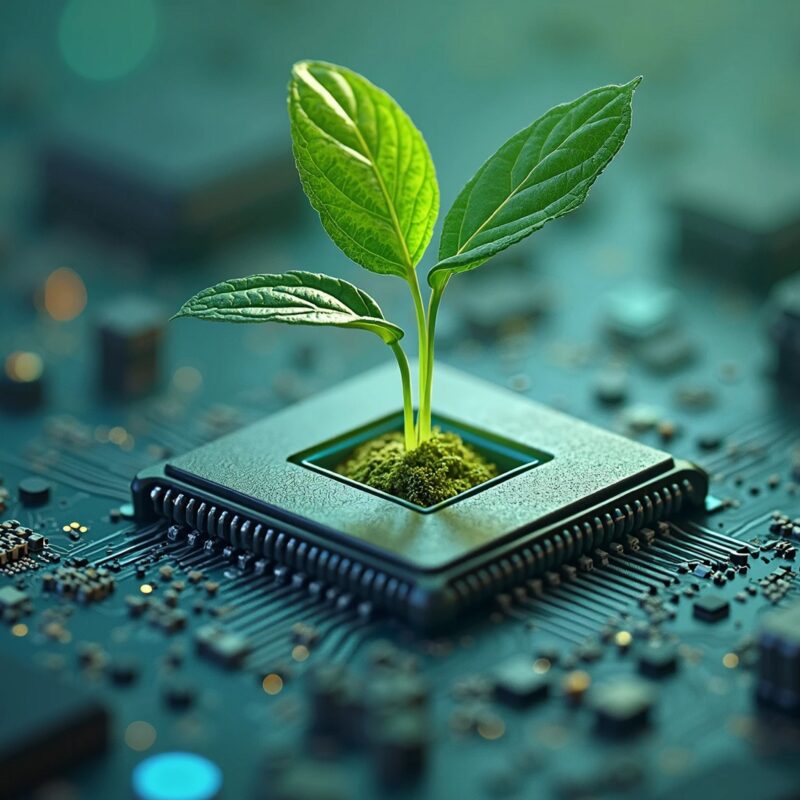 Jeune pousse végétale émergeant d’un composant électronique symbolisant le numérique responsable