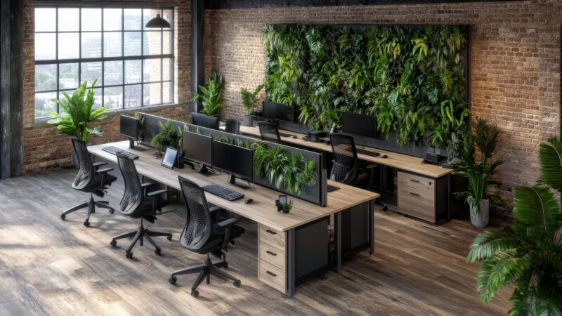Espace de travail moderne et végétalisé avec postes informatiques