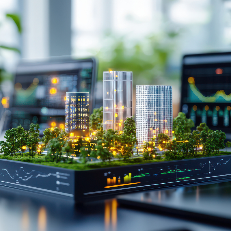 Maquette d’une ville connectée entourée de données numériques