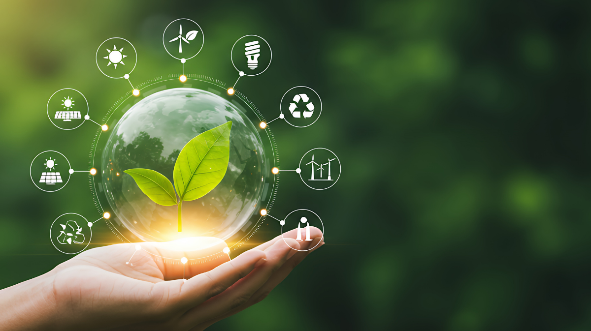 Main tenant une plante entourée de symboles représentant les technologies et la transition environnementale