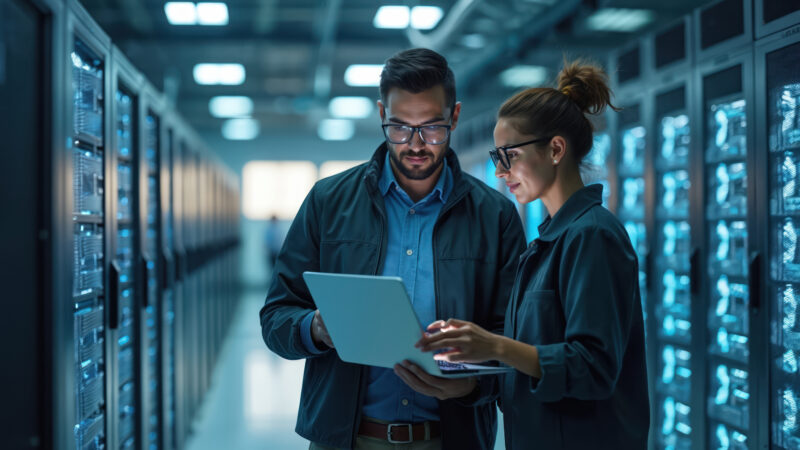 Deux professionnels analysant une infrastructure informatique dans une salle de serveurs