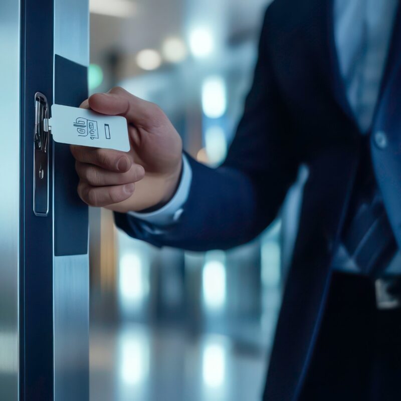 Professionnel utilisant un badge sur un système de contrôle d’accès connecté