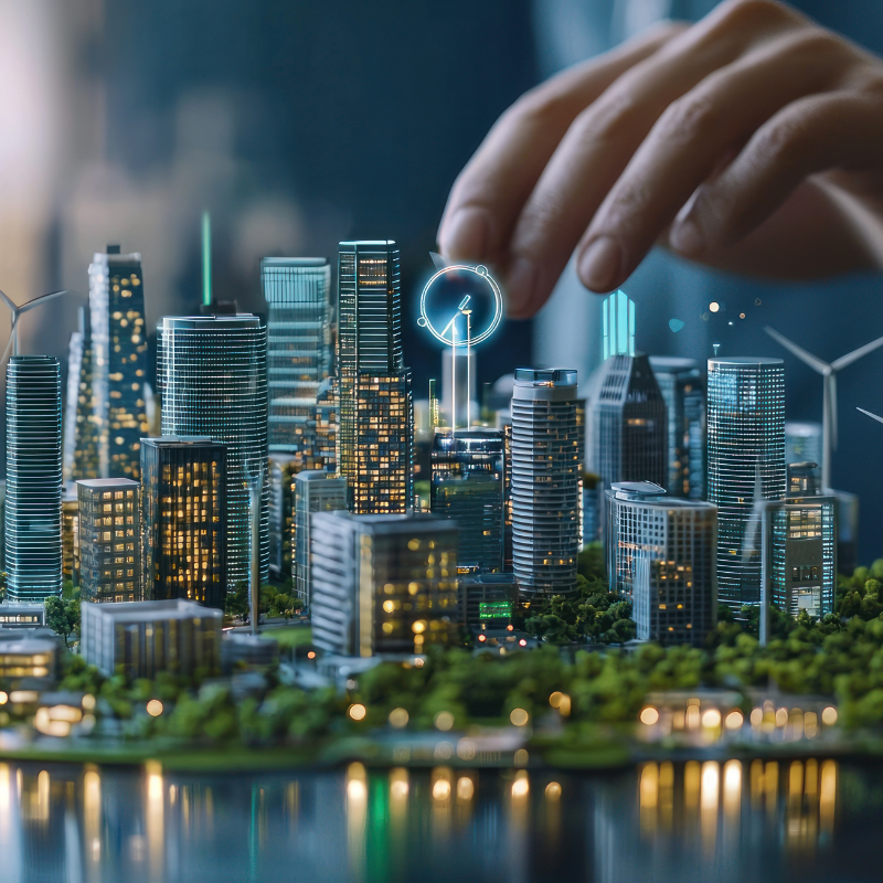 Main interagissant avec les infrastructures numériques d’une ville connectée