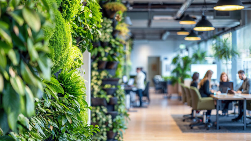 Collaborateurs travaillant dans un open space moderne avec un mur végétal
