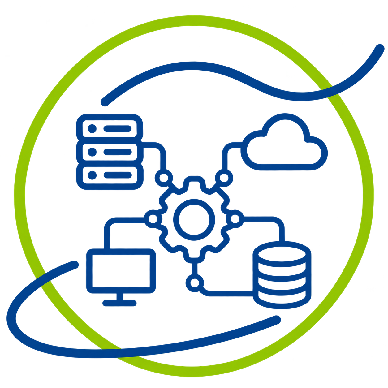 Pictogramme représentant l’intégration de serveurs, cloud et équipements au sein d’un système IP