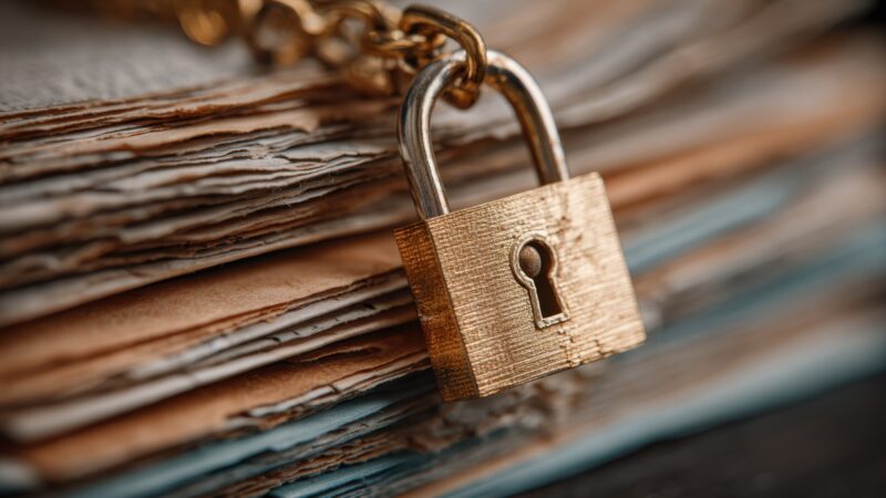 Cadenas posé sur des documents symbolisant la protection et la sécurité des archives