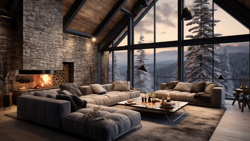 Salon contemporain avec cheminée dans un chalet haut de gamme