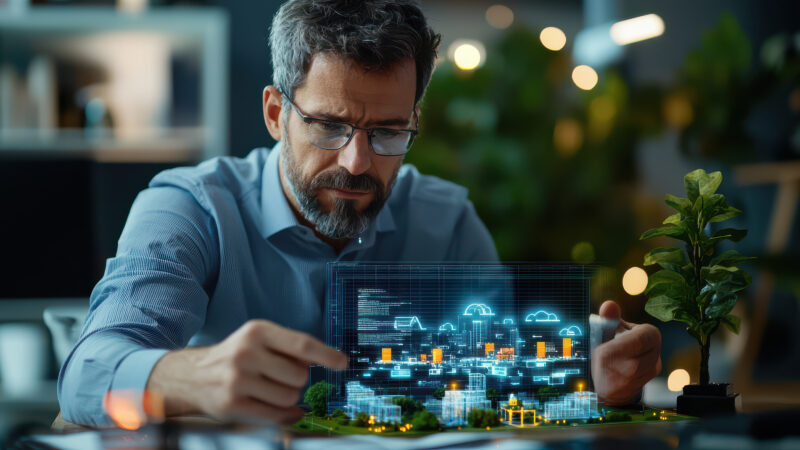 Expert analysant une modélisation numérique d’une ville dans le cadre d’un projet de territoire connecté