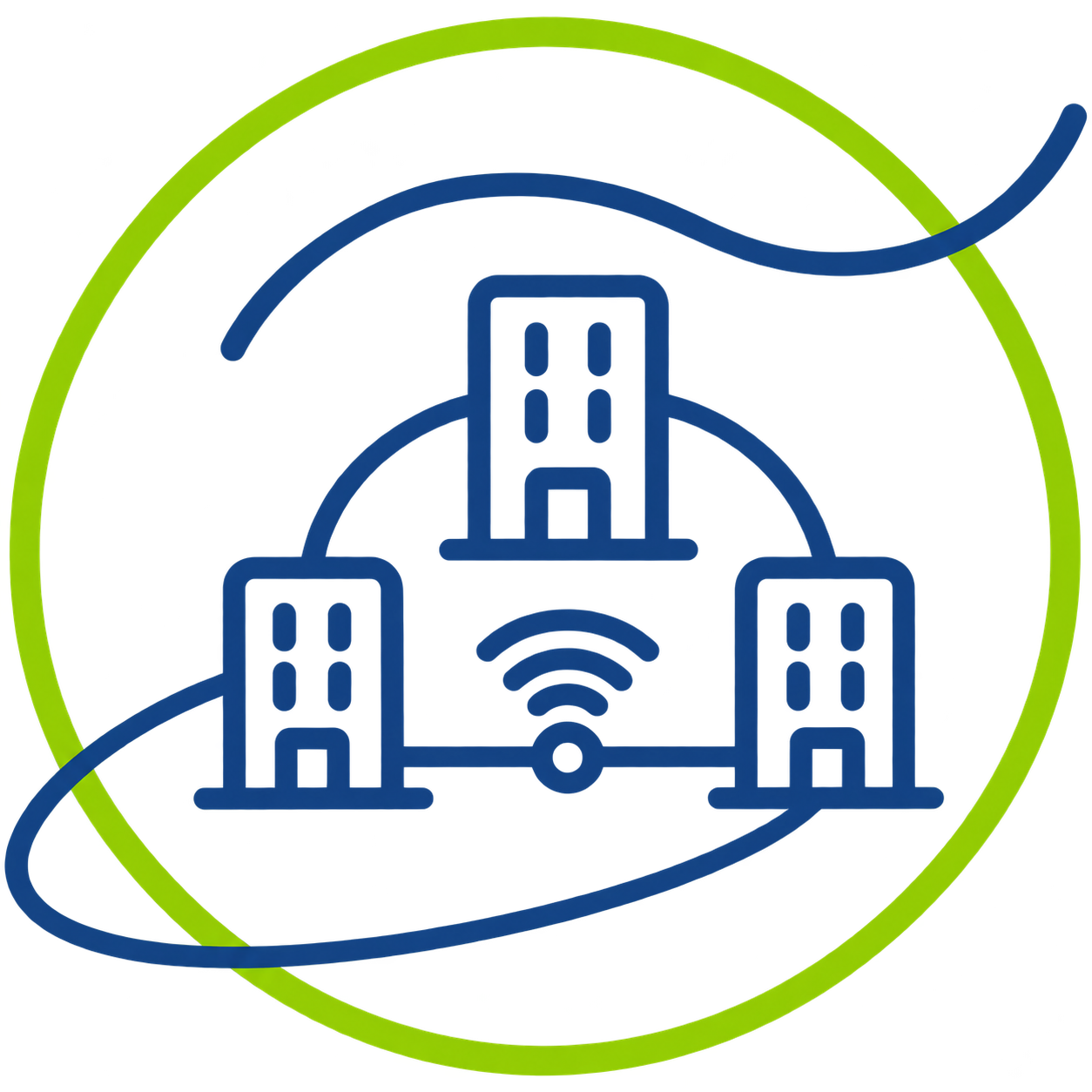 Pictogramme représentant plusieurs bâtiments interconnectés par un réseau IP